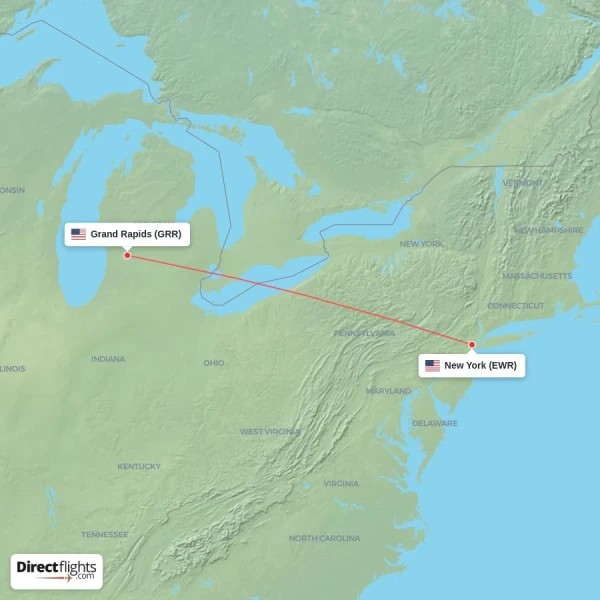 New York - Grand Rapids direct flight map