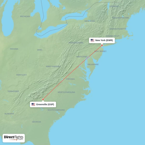 New York - Greenville direct flight map