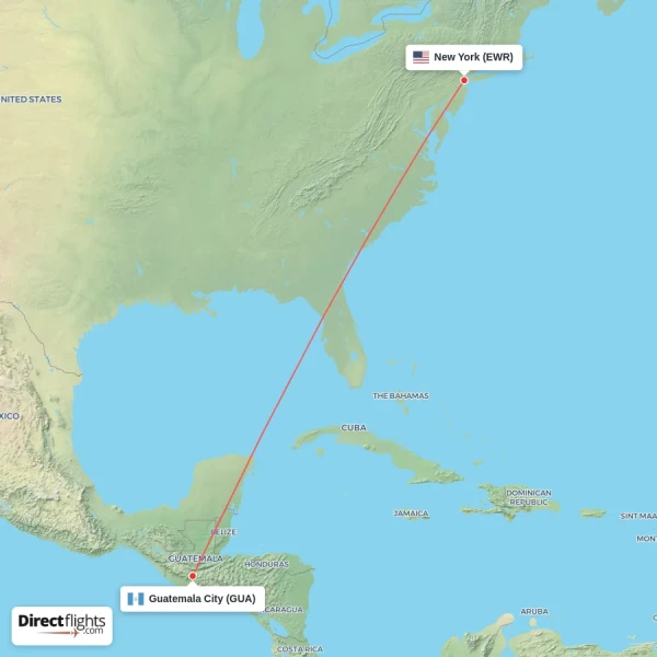 New York - Guatemala City direct flight map