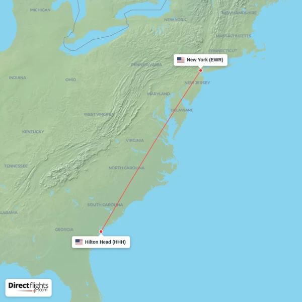 New York - Hilton Head direct flight map
