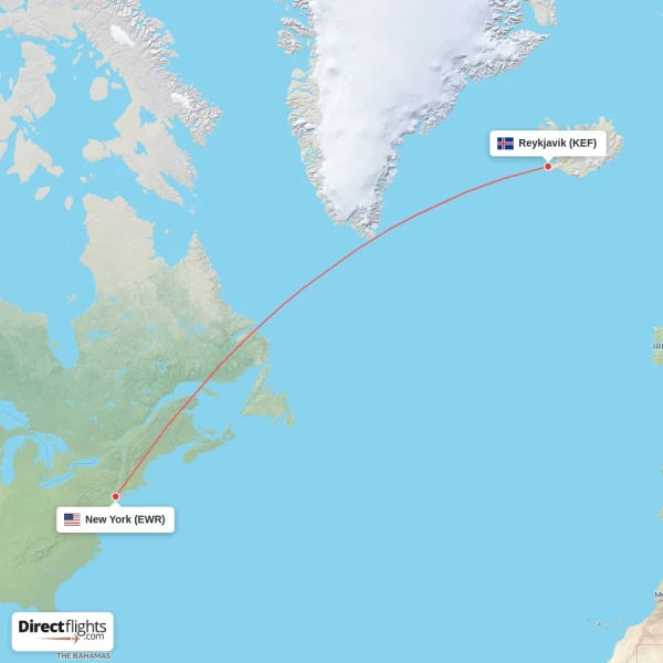 New York - Reykjavik direct flight map