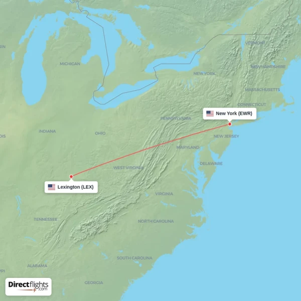 New York - Lexington direct flight map