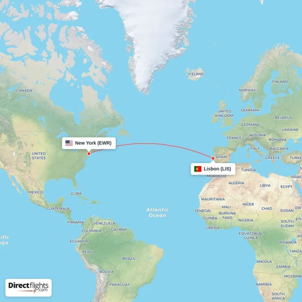 New York - Lisbon direct flight map