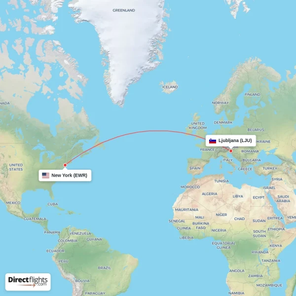 New York - Ljubljana direct flight map