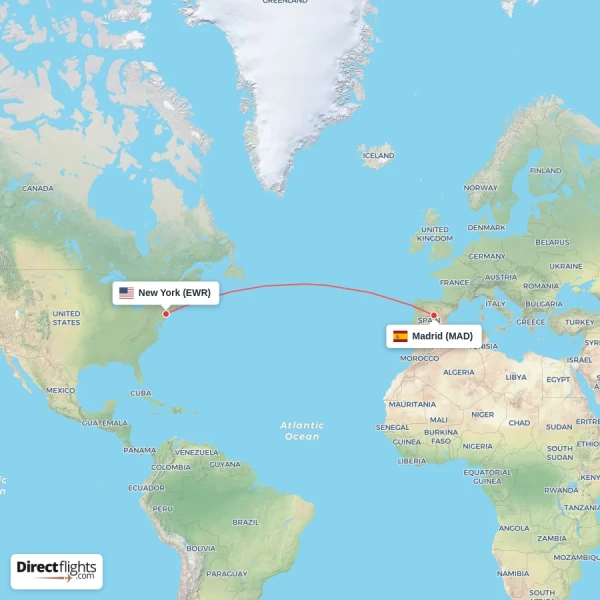 New York - Madrid direct flight map
