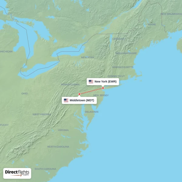 New York - Middletown direct flight map