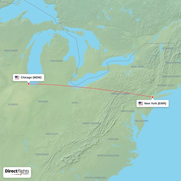 New York - Chicago direct flight map