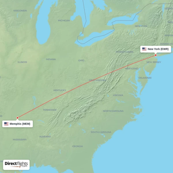 New York - Memphis direct flight map