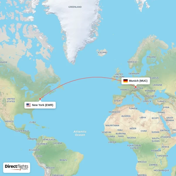 New York - Munich direct flight map
