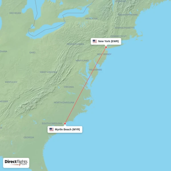 New York - Myrtle Beach direct flight map