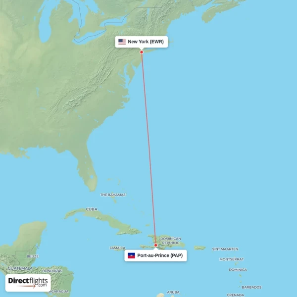 New York - Port-au-Prince direct flight map