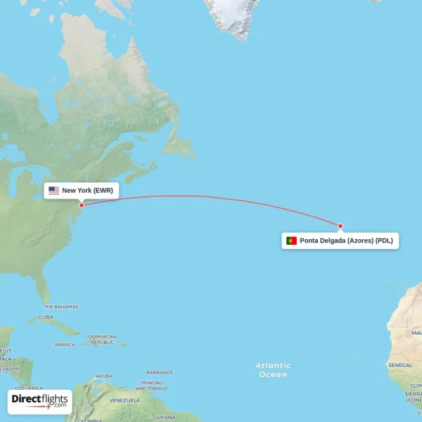 New York - Ponta Delgada (Azores) direct flight map