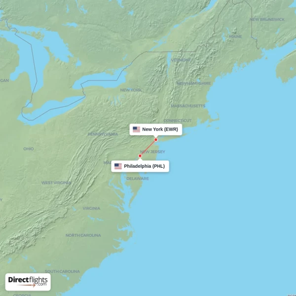 New York - Philadelphia direct flight map