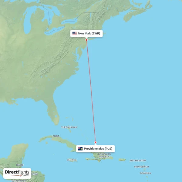 New York - Providenciales direct flight map