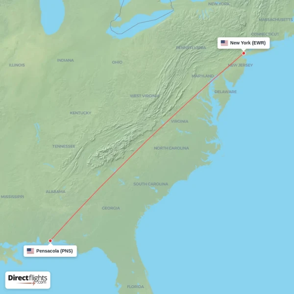 New York - Pensacola direct flight map