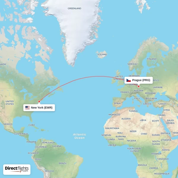 New York - Prague direct flight map