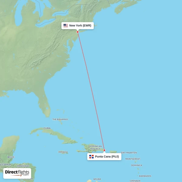 New York - Punta Cana direct flight map