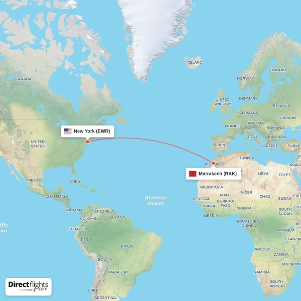 New York - Marrakech direct flight map