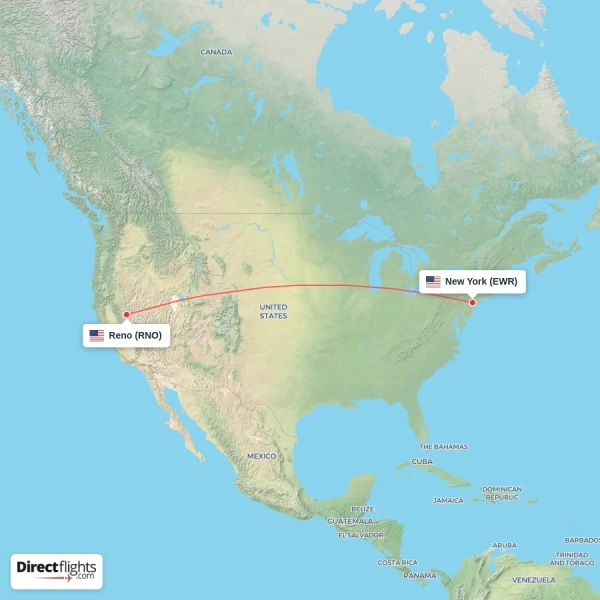 New York - Reno direct flight map