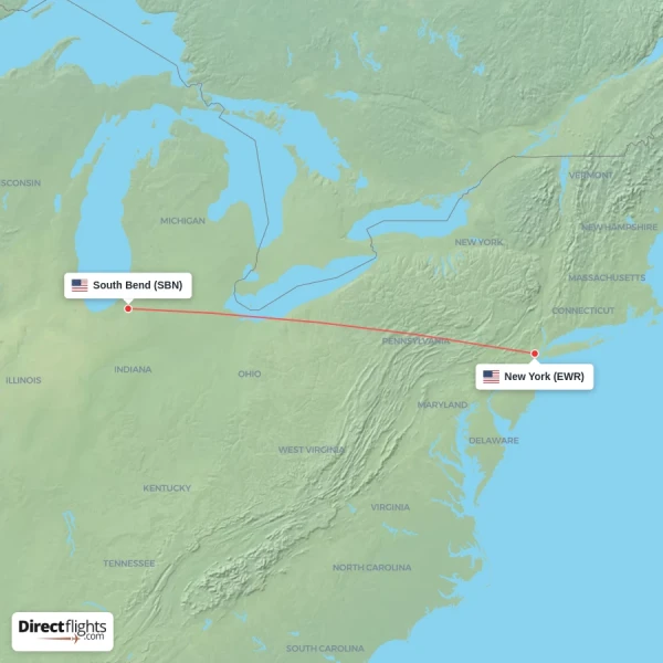New York - South Bend direct flight map
