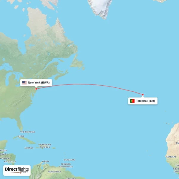 New York - Terceira direct flight map