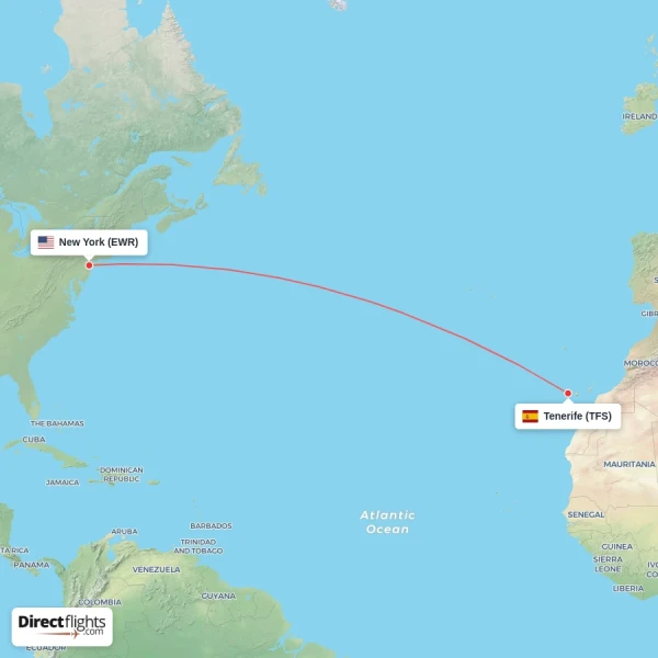 New York - Tenerife direct flight map