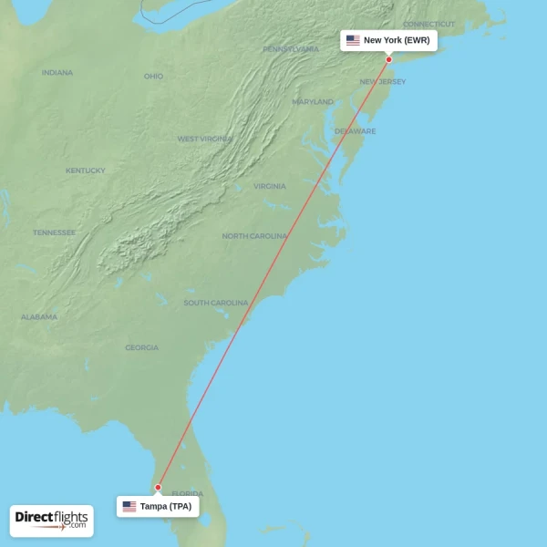 New York - Tampa direct flight map