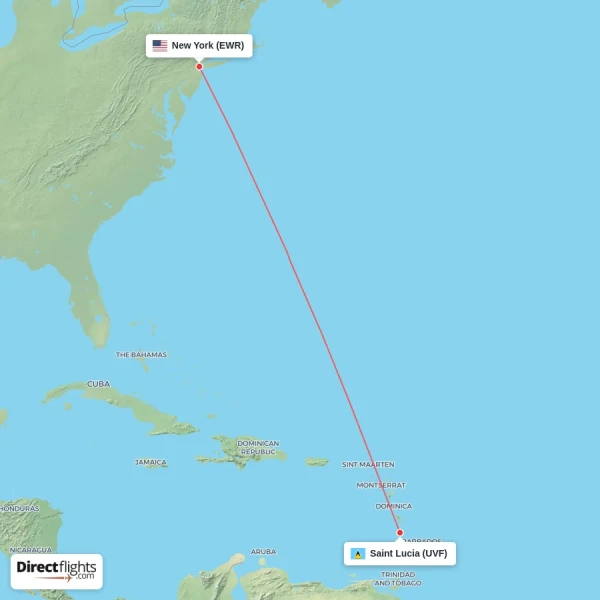 New York - Saint Lucia direct flight map