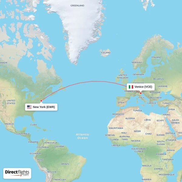 New York - Venice direct flight map