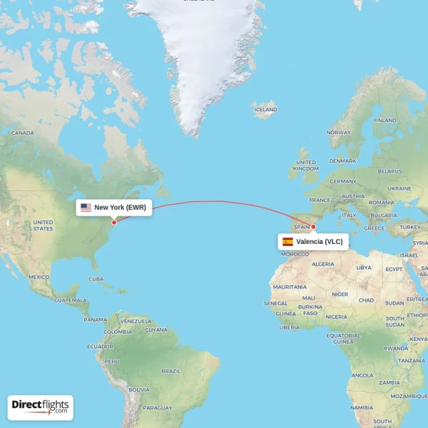 New York - Valencia direct flight map