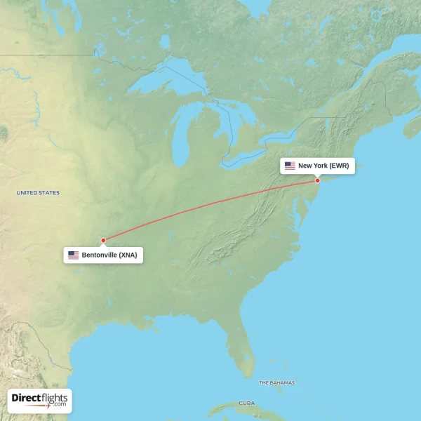 New York - Bentonville direct flight map