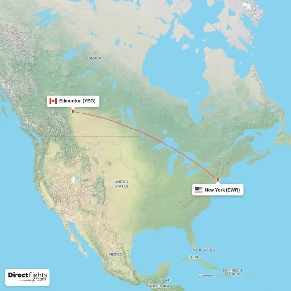 New York - Edmonton direct flight map