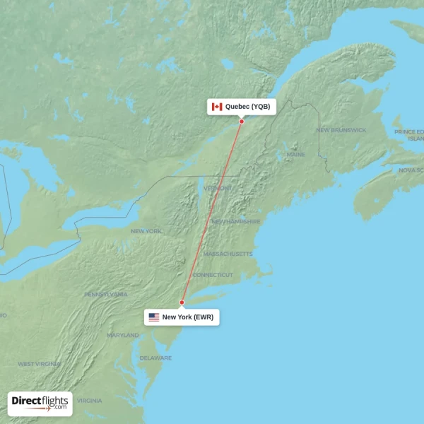 New York - Quebec direct flight map