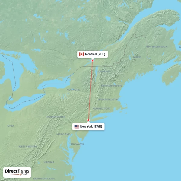 New York - Montreal direct flight map