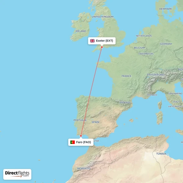 Exeter - Faro direct flight map
