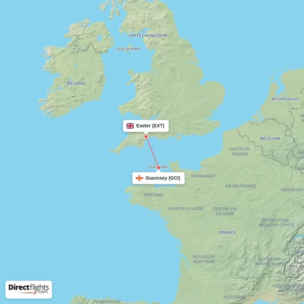 Exeter - Guernsey direct flight map
