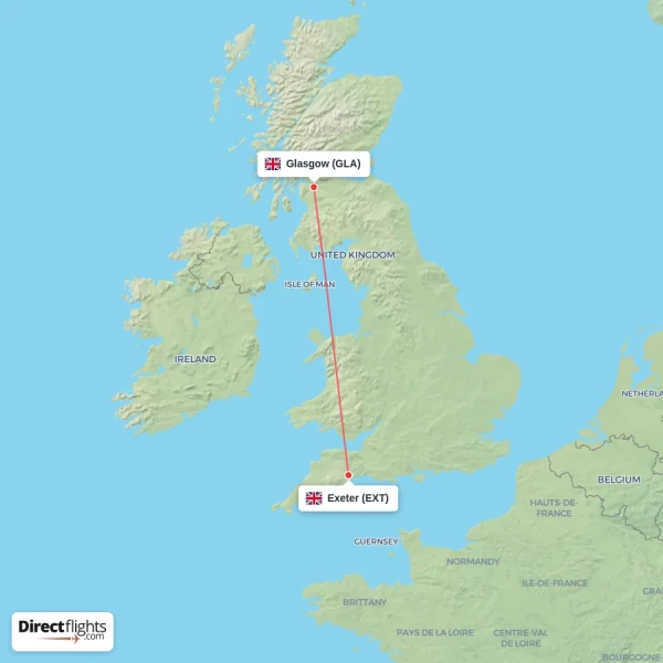 Exeter - Glasgow direct flight map