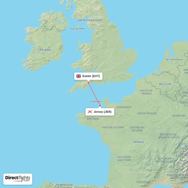 Exeter - Jersey direct flight map