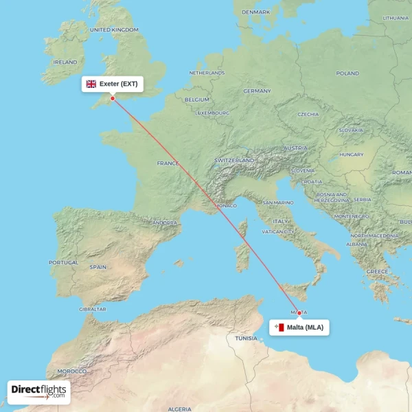 Exeter - Malta direct flight map