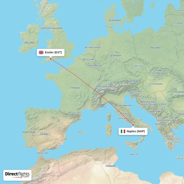 Exeter - Naples direct flight map
