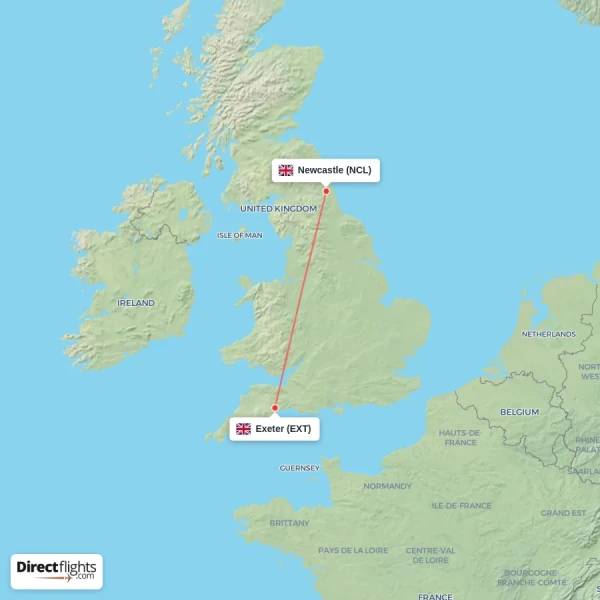 Exeter - Newcastle direct flight map