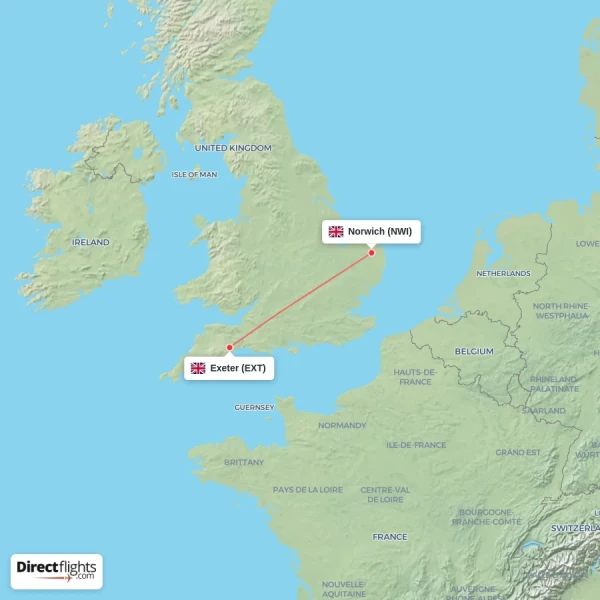 Exeter - Norwich direct flight map