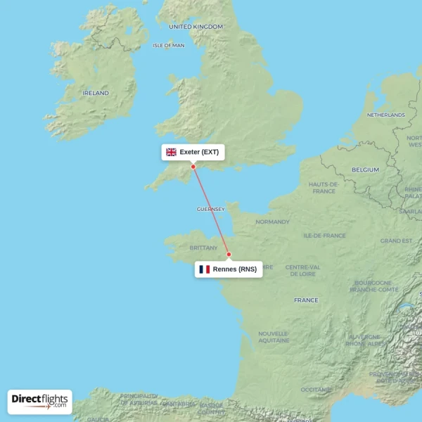 Exeter - Rennes direct flight map