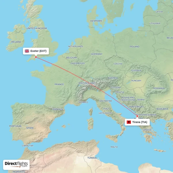 Exeter - Tirana direct flight map