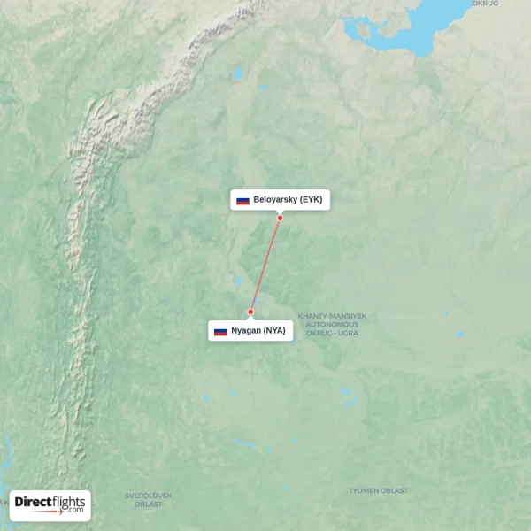 Beloyarsky - Nyagan direct flight map