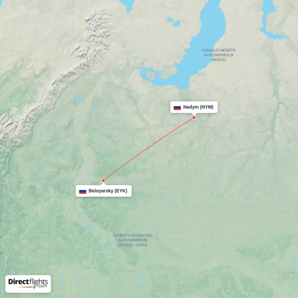 Beloyarsky - Nadym direct flight map
