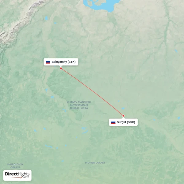 Beloyarsky - Surgut direct flight map