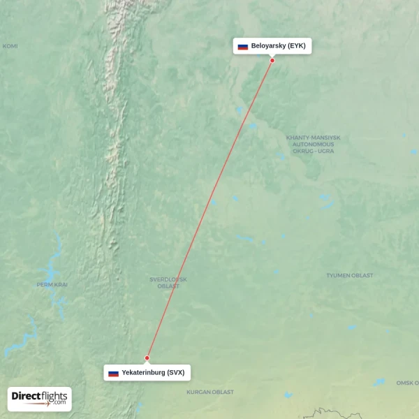 Beloyarsky - Yekaterinburg direct flight map