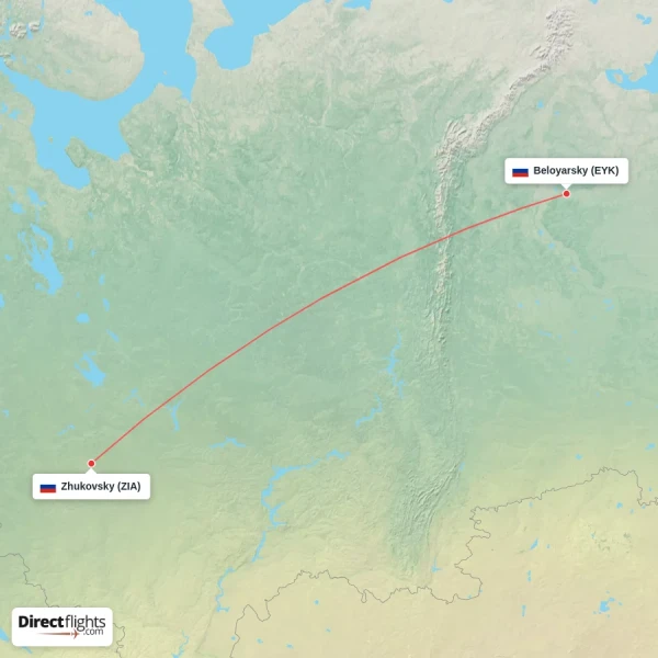 Beloyarsky - Zhukovsky direct flight map