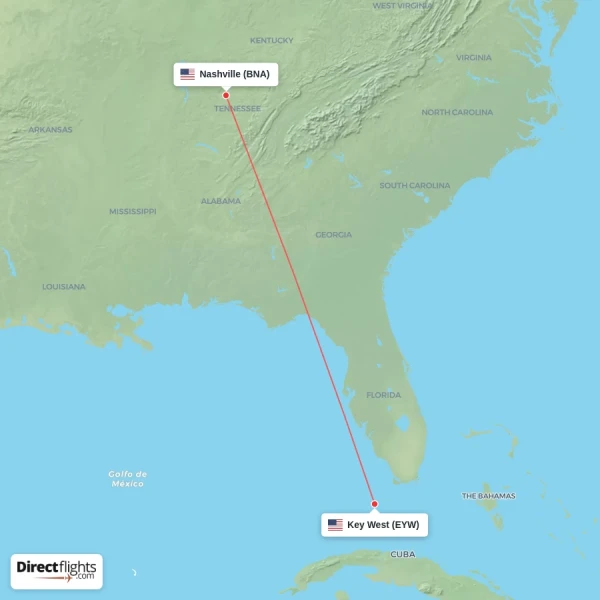 Key West - Nashville direct flight map
